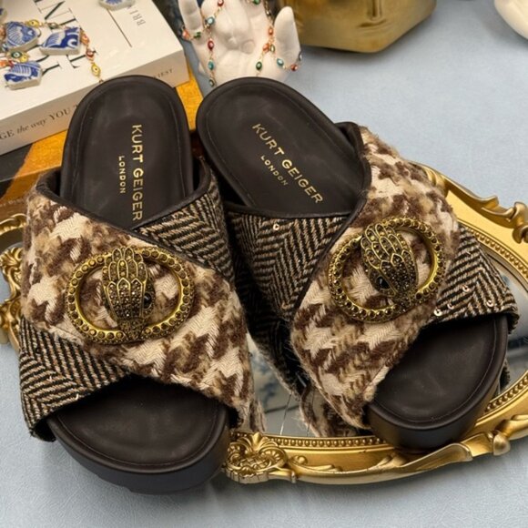 🆕 KURT GEIGER LONDON 🧿 NWOB Chelsea Drench Cross Strap Sandal, Brown Sz US 7 - Picture 14 of 16